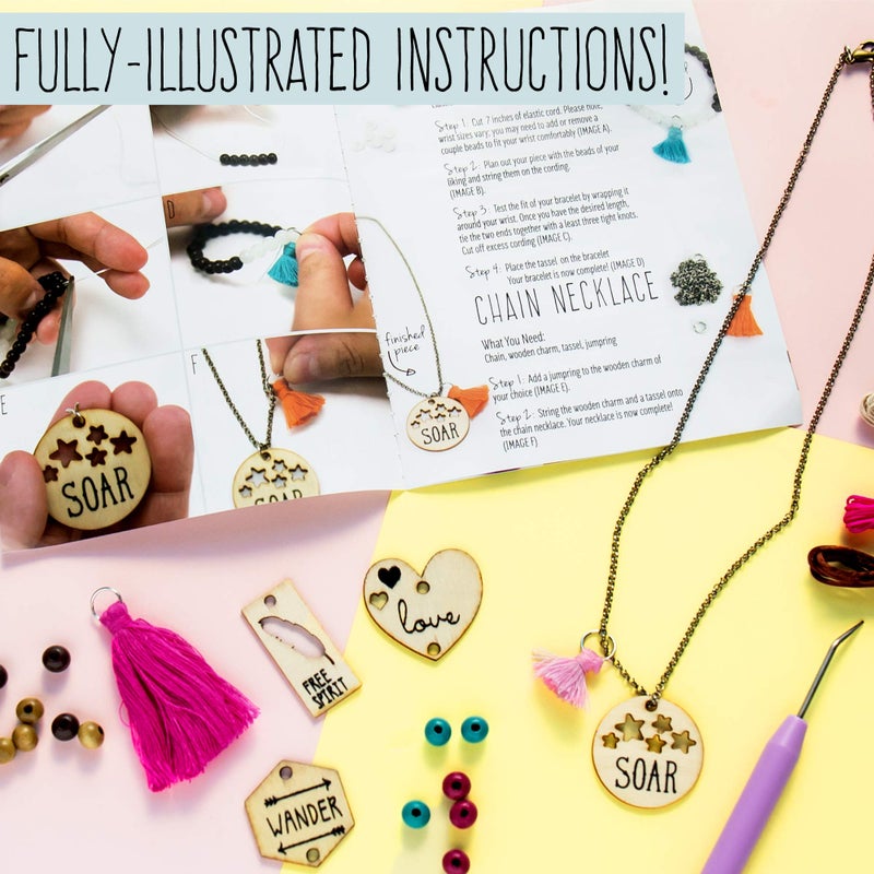 STMT DIY Wooden charm & Tassel Jewelry Art & Craft Kit by Horizon Group USA, Design & Create 10Piece of Vsco Girl Jewelry, Includes Wood Charms, Colorful Tassels, Beads, Chains & More, Multicolored - Image 3
